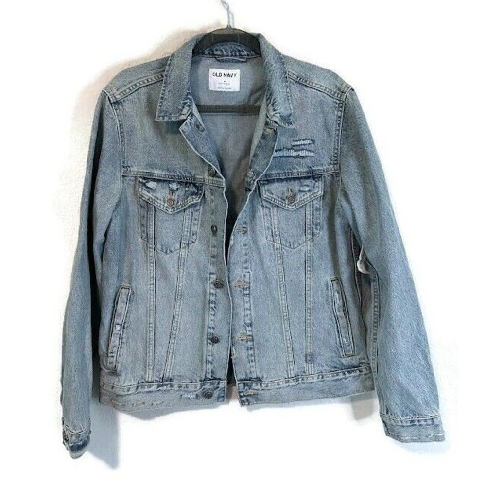 NEW Old Navy Womens Jean Jacket M Blue Distressed Light Wash Oversized Cotton